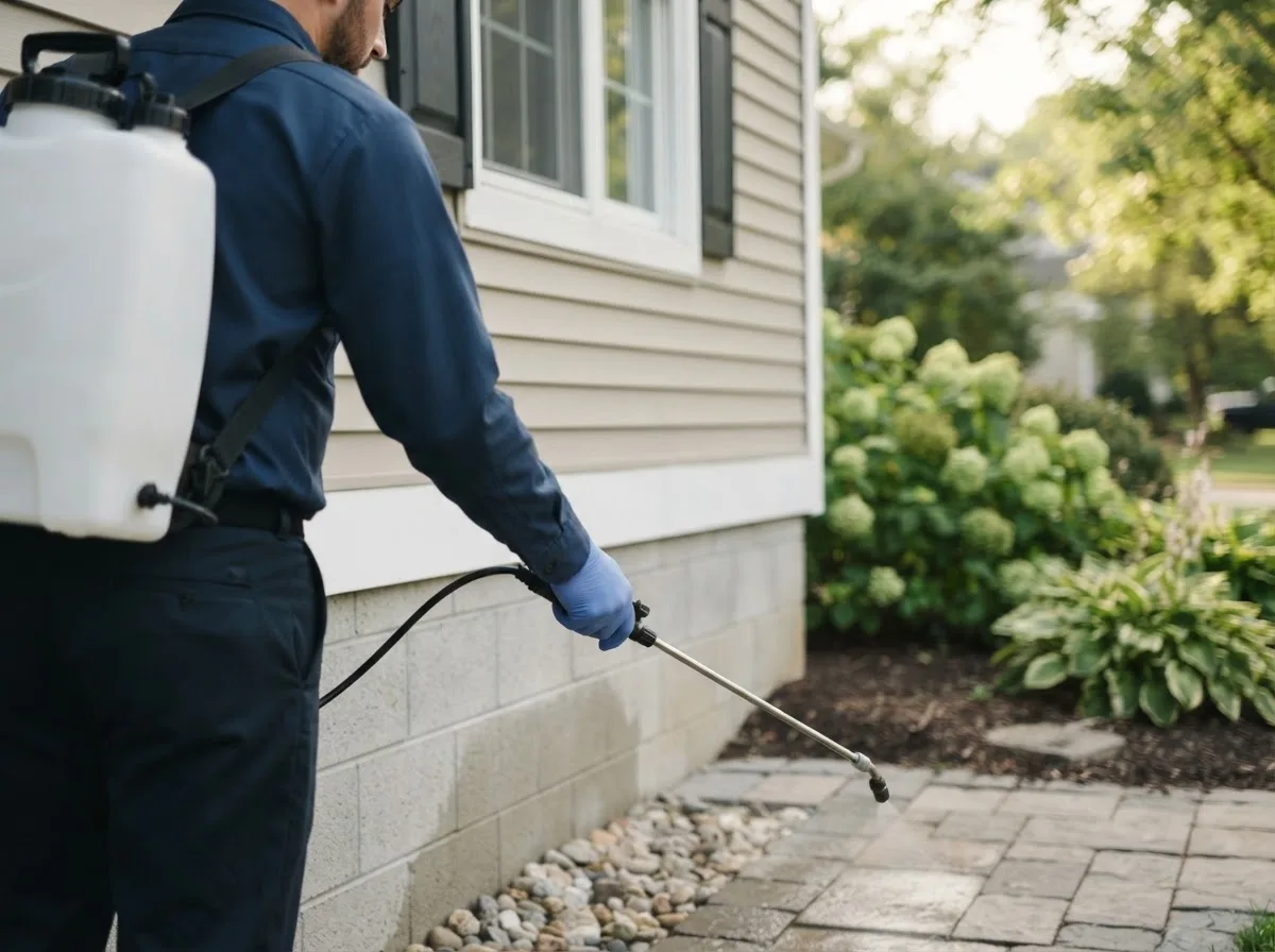 Pest control technician inspecting a home in Durant, OK